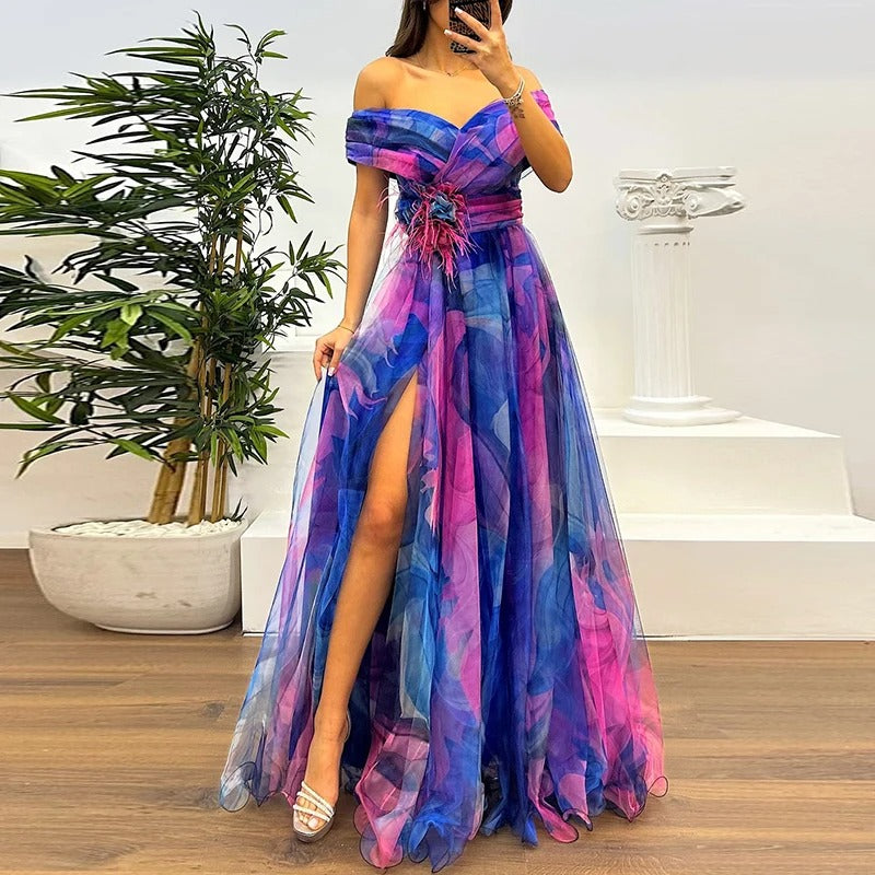 Vintage One-Shoulder Pleated Mesh Dress