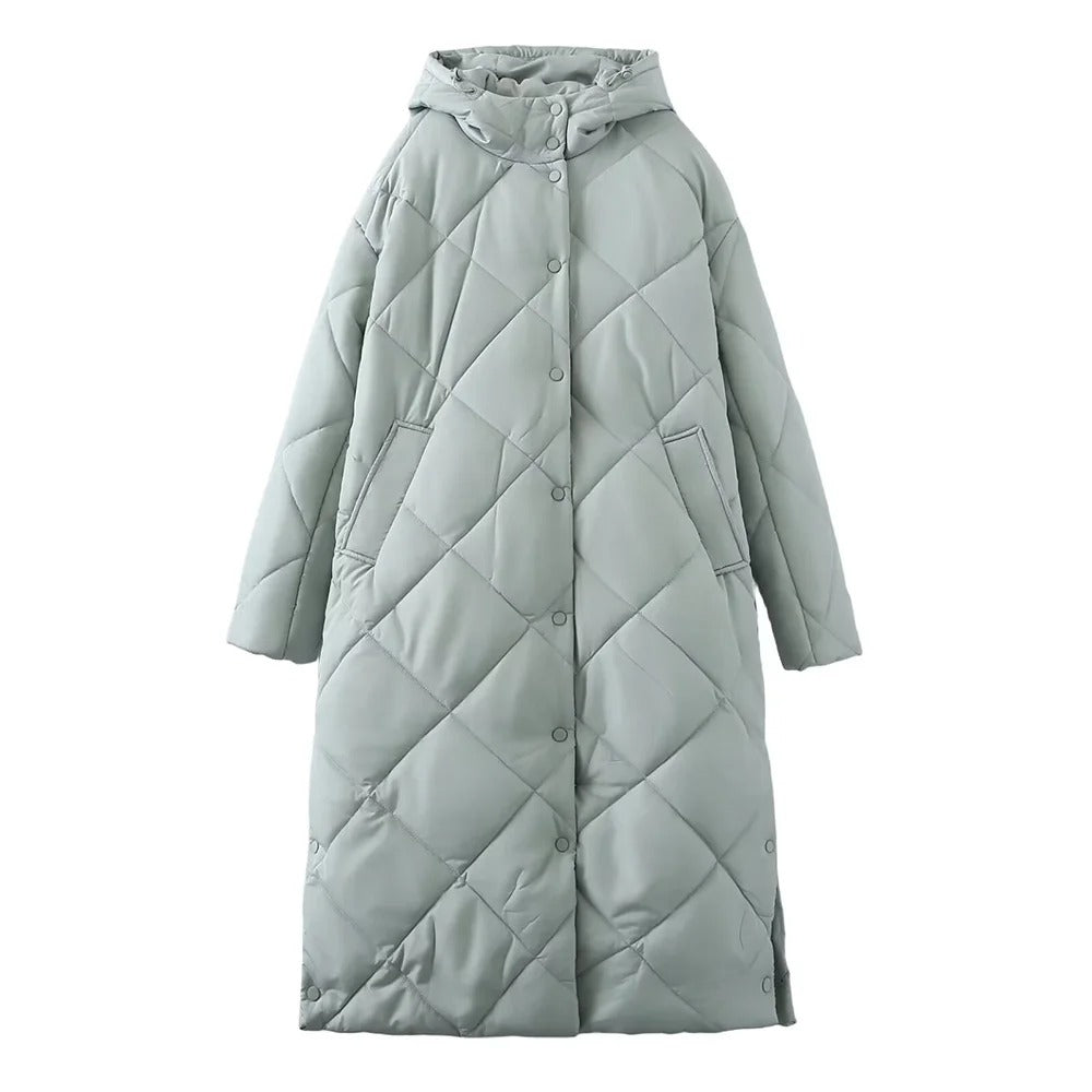 Dual Tone Dot Dash Quilted Hooded Coat