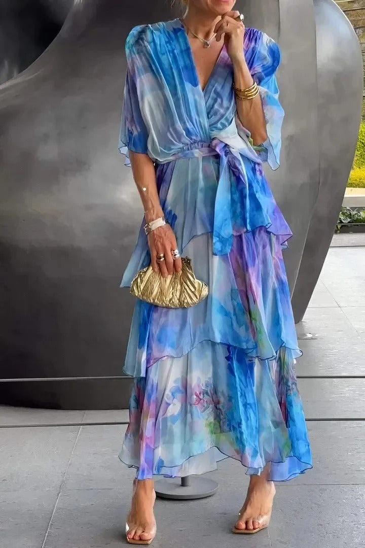 Elegant Ruffle Chiffon Lace-Up Dress