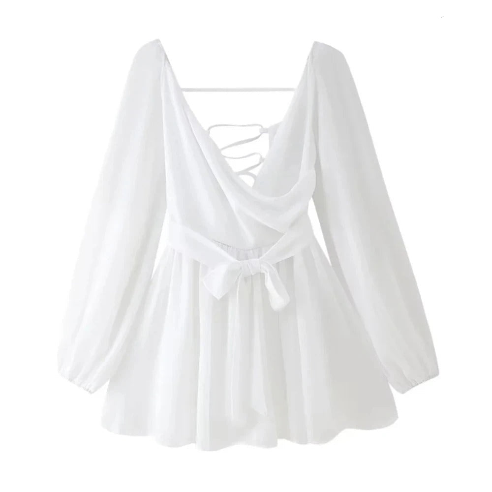 Chic Backless Pleated Tie Mini Dress