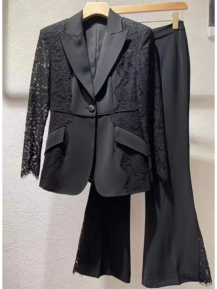 High Street Designer Lace Blazer & Flare Pants Set