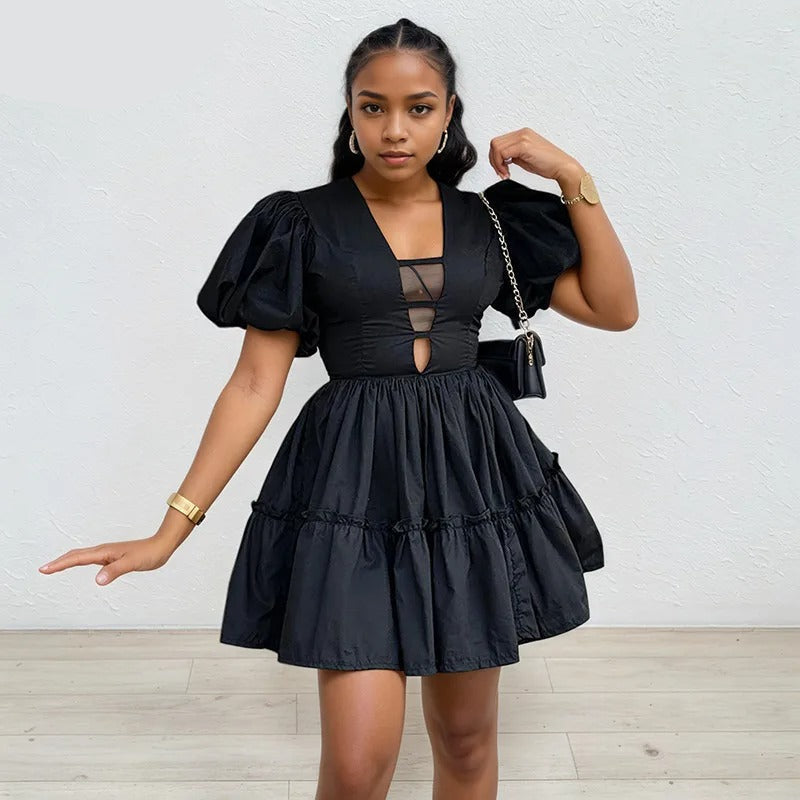 Black V-Neck Puff Sleeve Dress