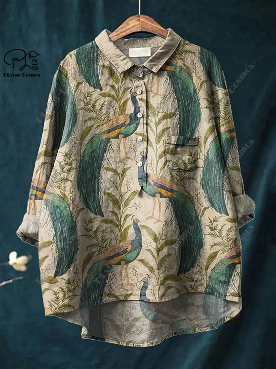 Retro Rabbit Bird Peacock Print Open Tube Shirt