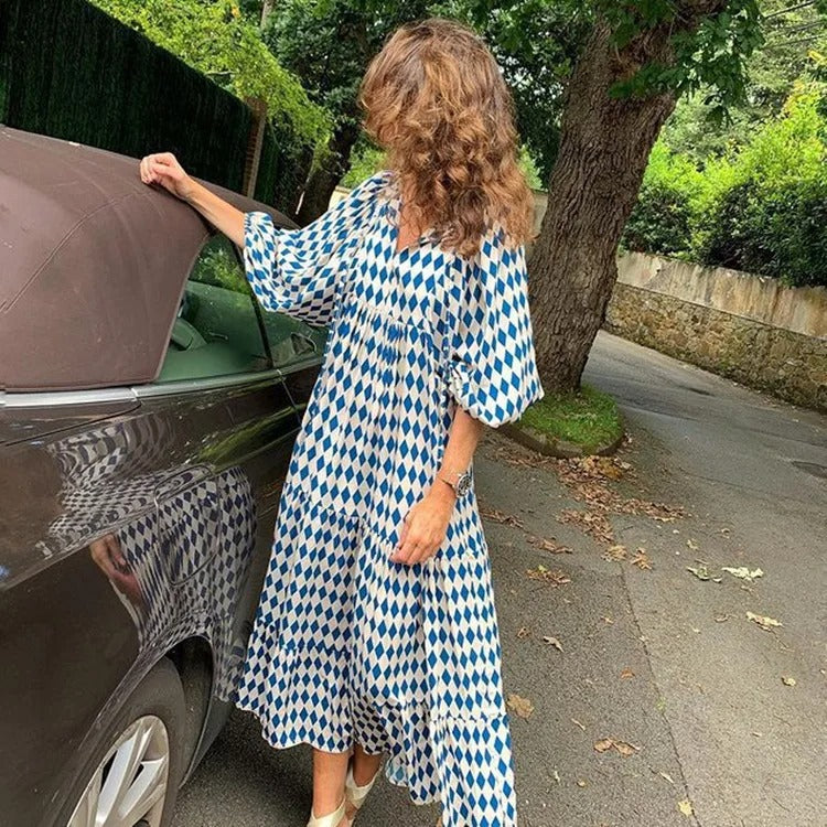 Geometric Print Bubble Sleeve Dress