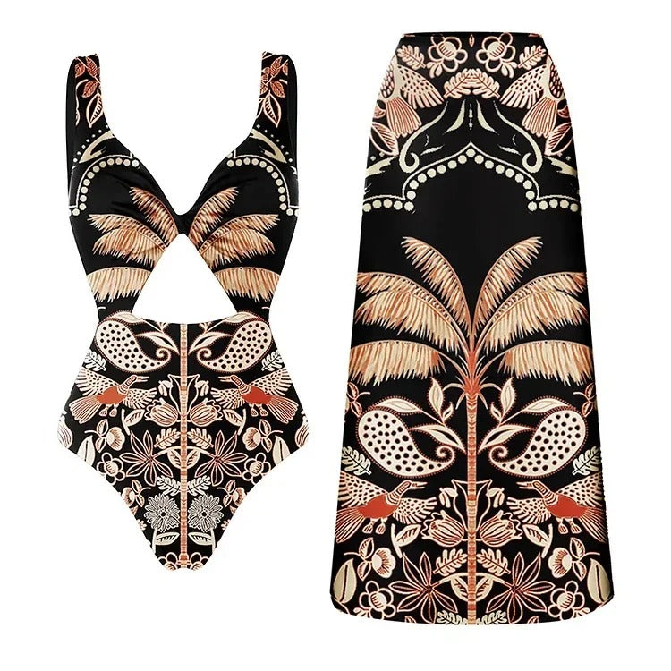 One Piece Bikini with Net Skirt Set