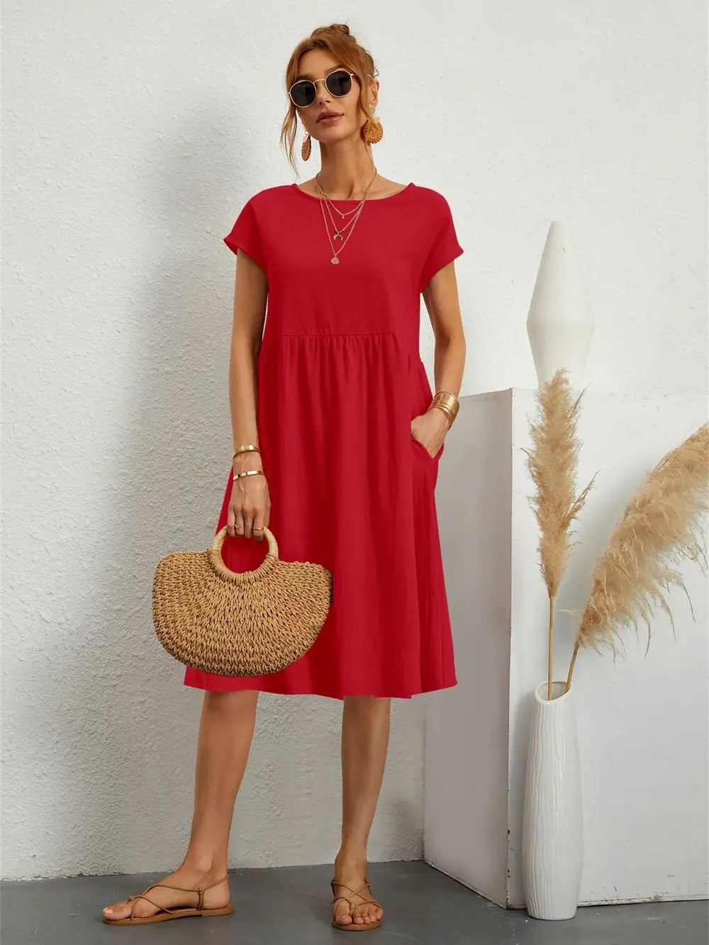 Women’s Vintage O-Neck Casual Summer Dress with Pockets