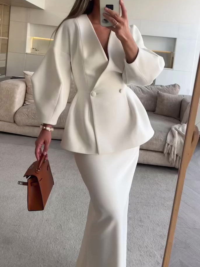 Ruffled V-neck Long Coat