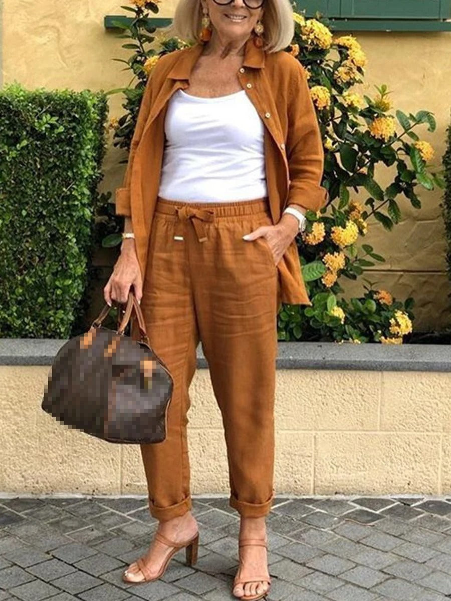 Cotton Linen Button Shirt & Pants Set