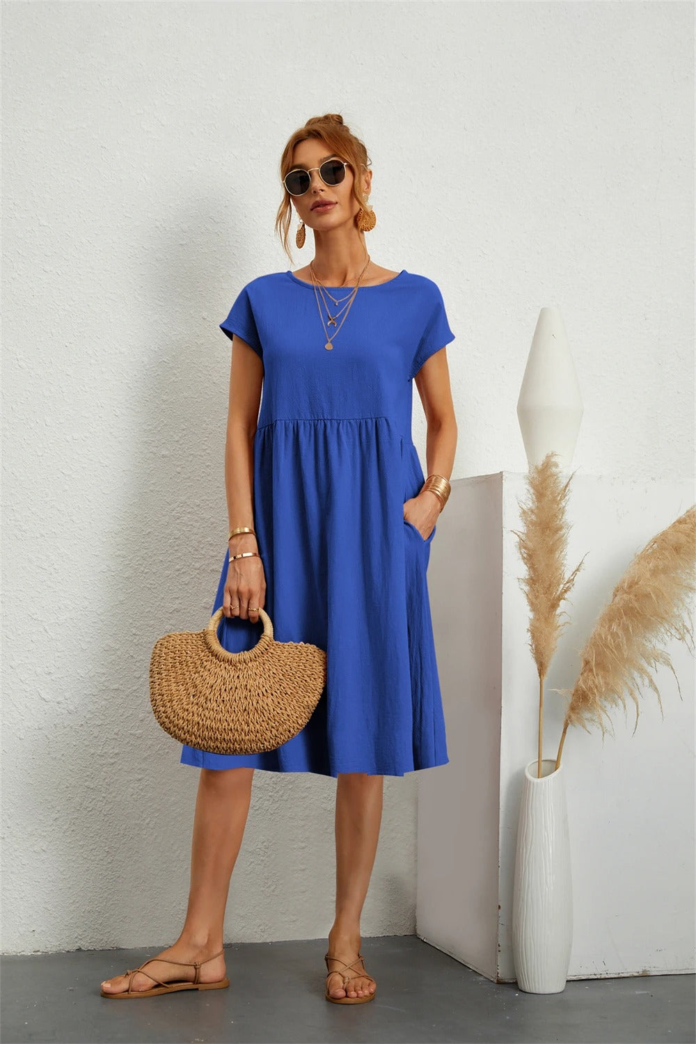 Women’s Vintage O-Neck Casual Summer Dress with Pockets