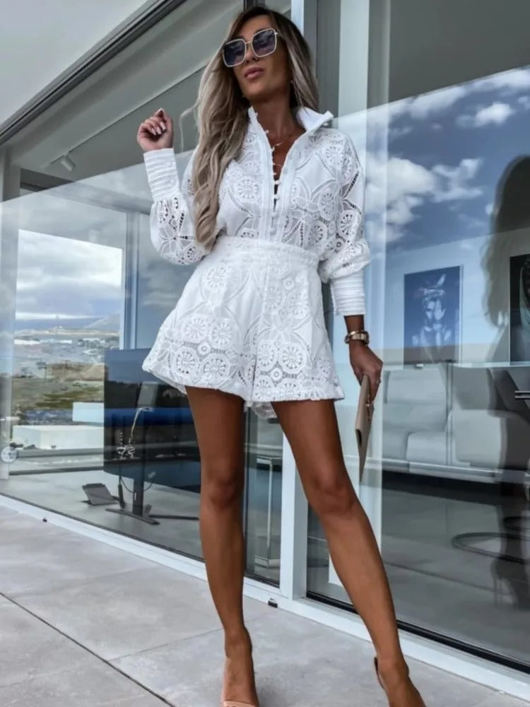 Elegant Lace Button Shorts Set