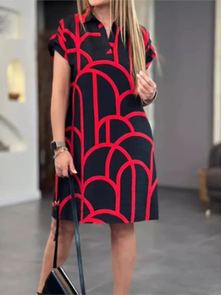 Elegant Summer V-Neck Printed Dress with Pockets