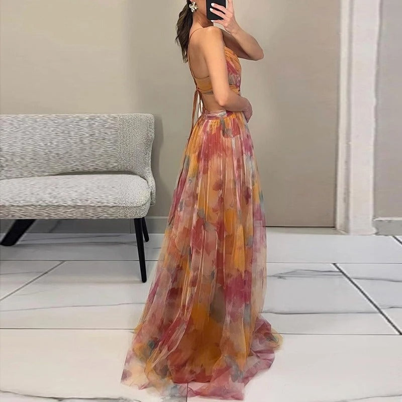 Elegant Print Pleated Mesh Evening Dress