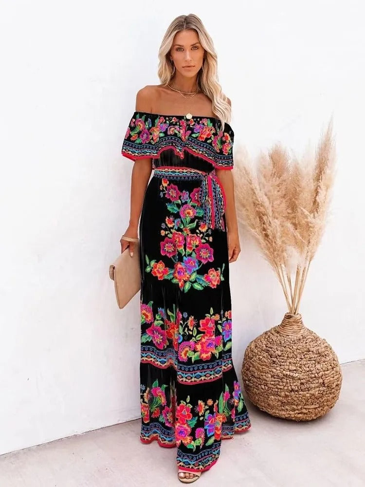 Red Bloom One-Shoulder Swing Dress