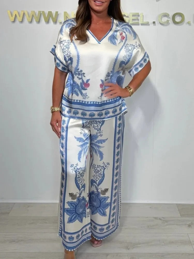 Satin Breeze V-Neck Two-Piece Set