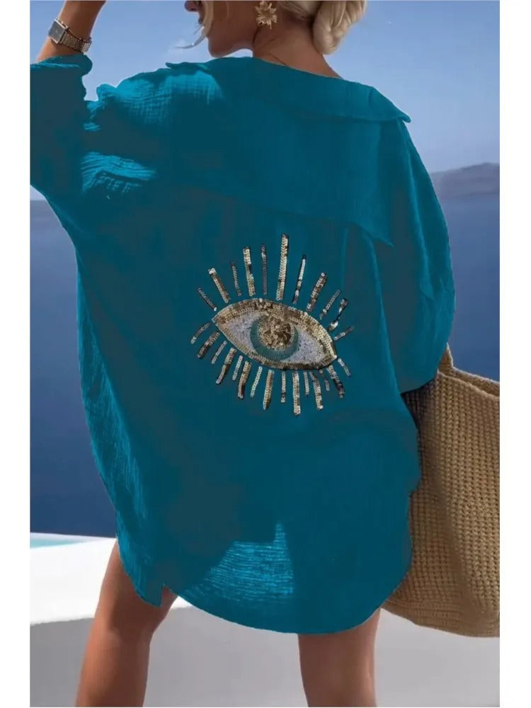 Sequin Eye Lapel Beach Shirt