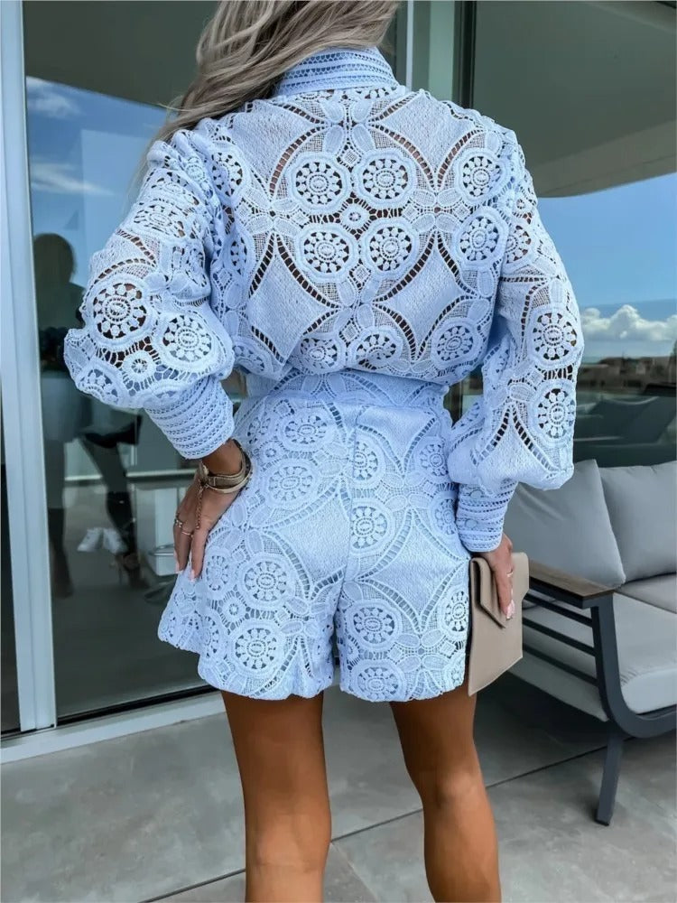 Elegant Lace Button Shorts Set