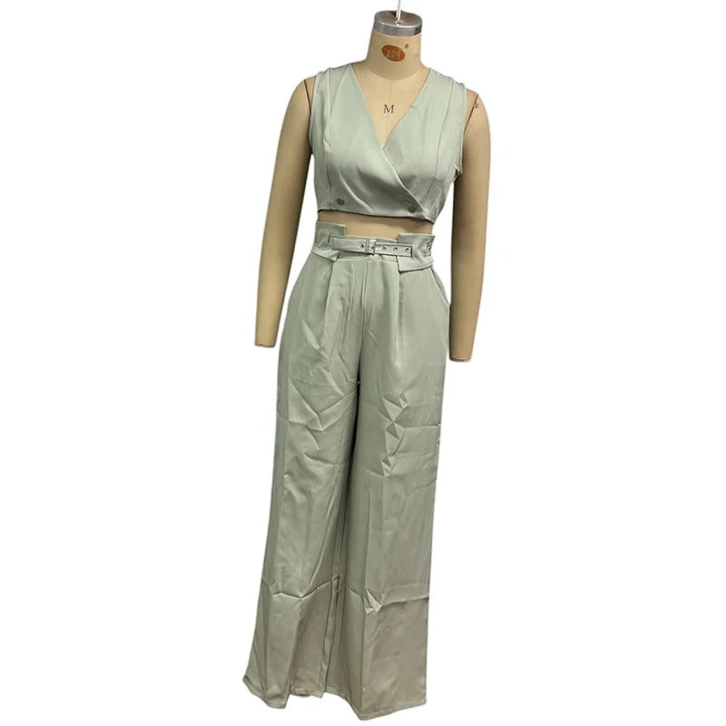 V-Neck Sleeveless Pants Set