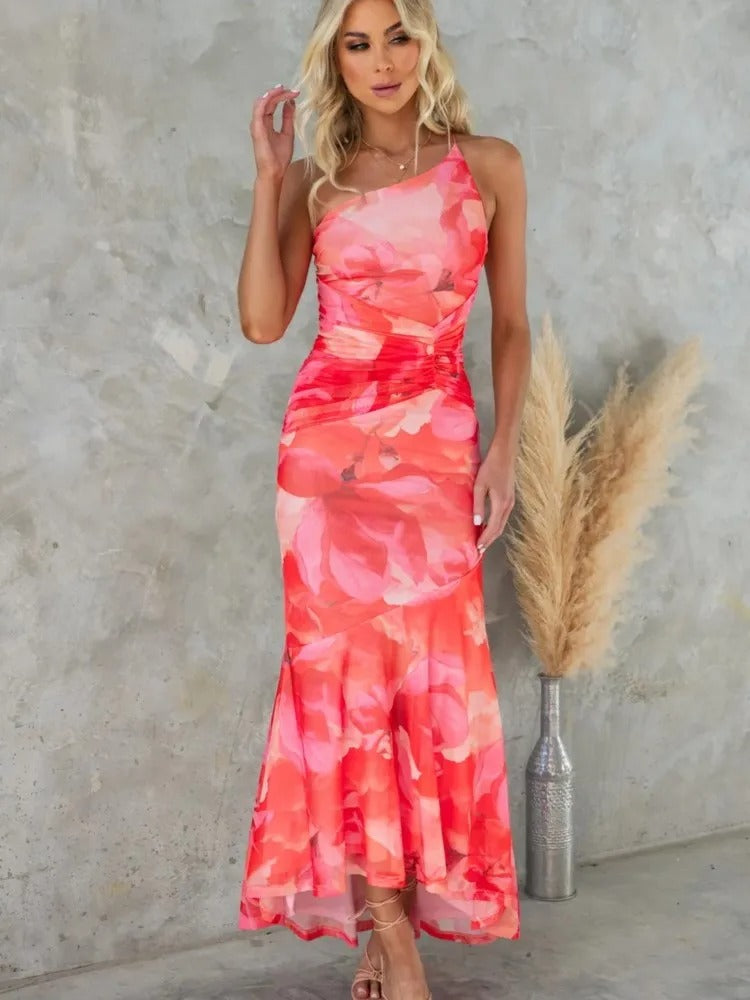 One-Shoulder Floral Ruffle Maxi Dress