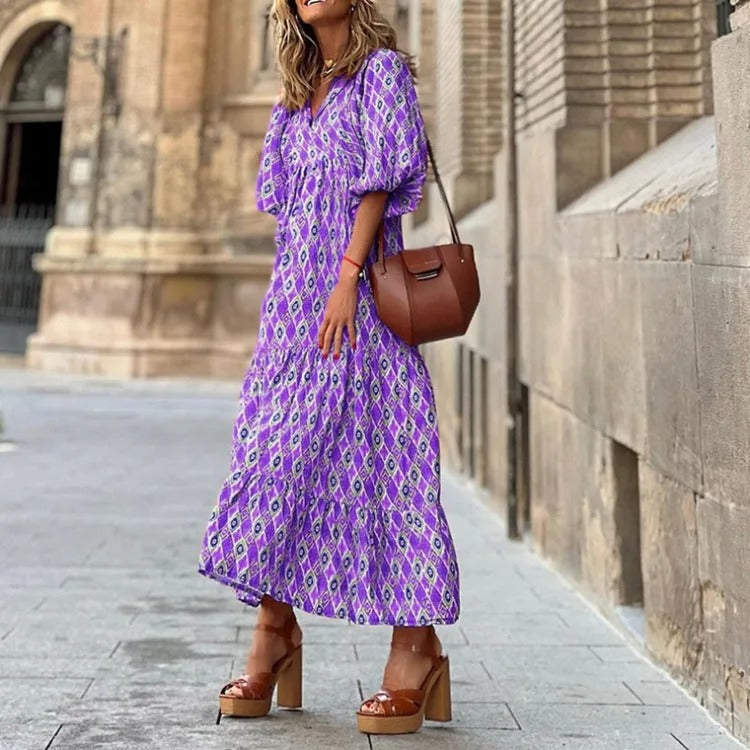 Geometric Print Bubble Sleeve Dress