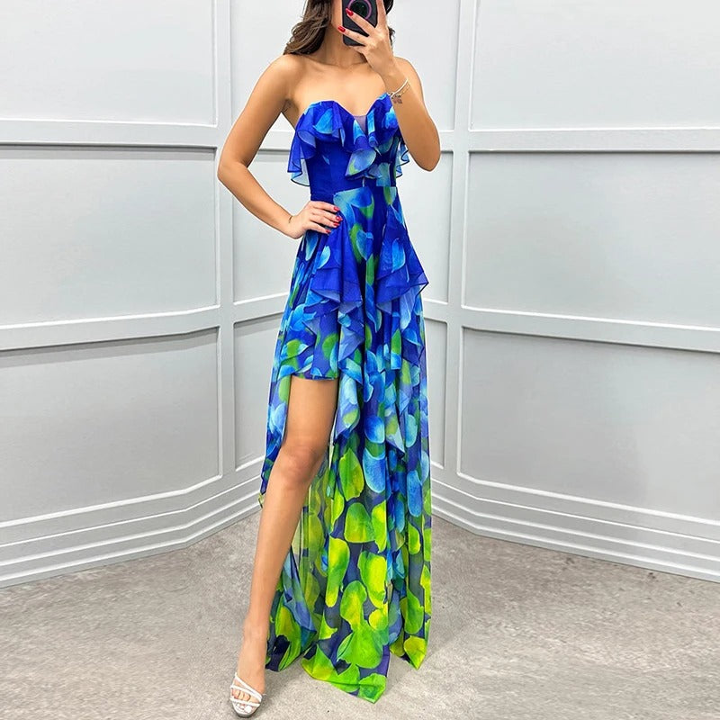 Celestia Irregular Ruffle Mesh Maxi