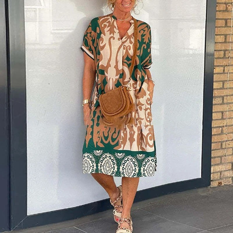 Elegant Floral Print V-Neck A-Line Dress