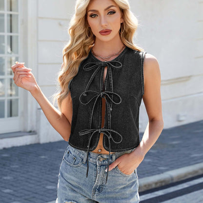 Y2K Bow-tied Denim Vest INS Fashion Summer Sleeveless Tanks Top For Women Clothing Rich Allure