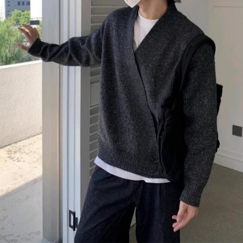 Mens Relaxed-fit V-neck Knit Jacket Versatile