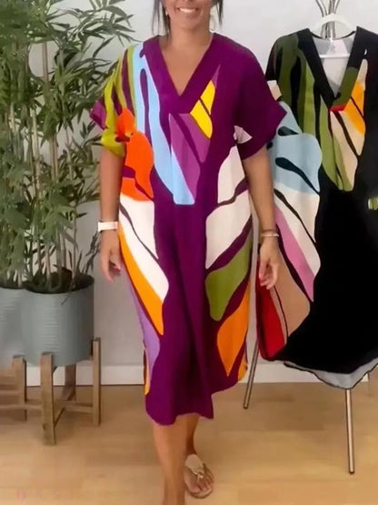 Printed V Neck Loose Summer Dress