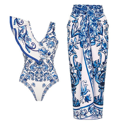 Flaxmaker Vintage Printed Swimsuit and Sarong