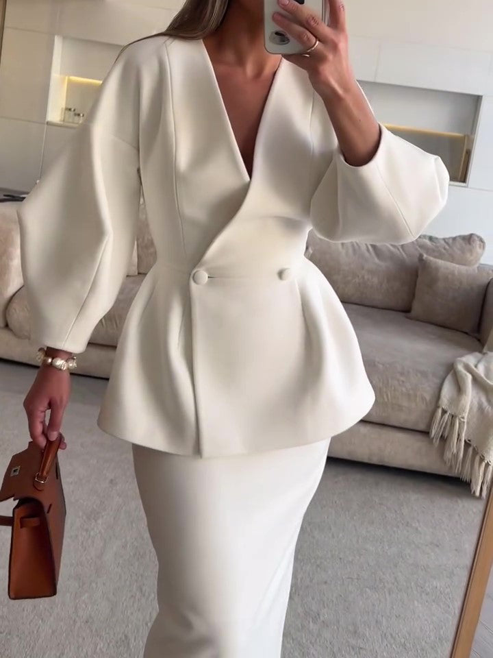 Ruffled V-neck Long Coat