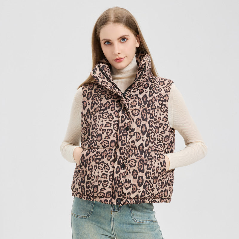 Leopard Print Stand Collar Cotton Vest