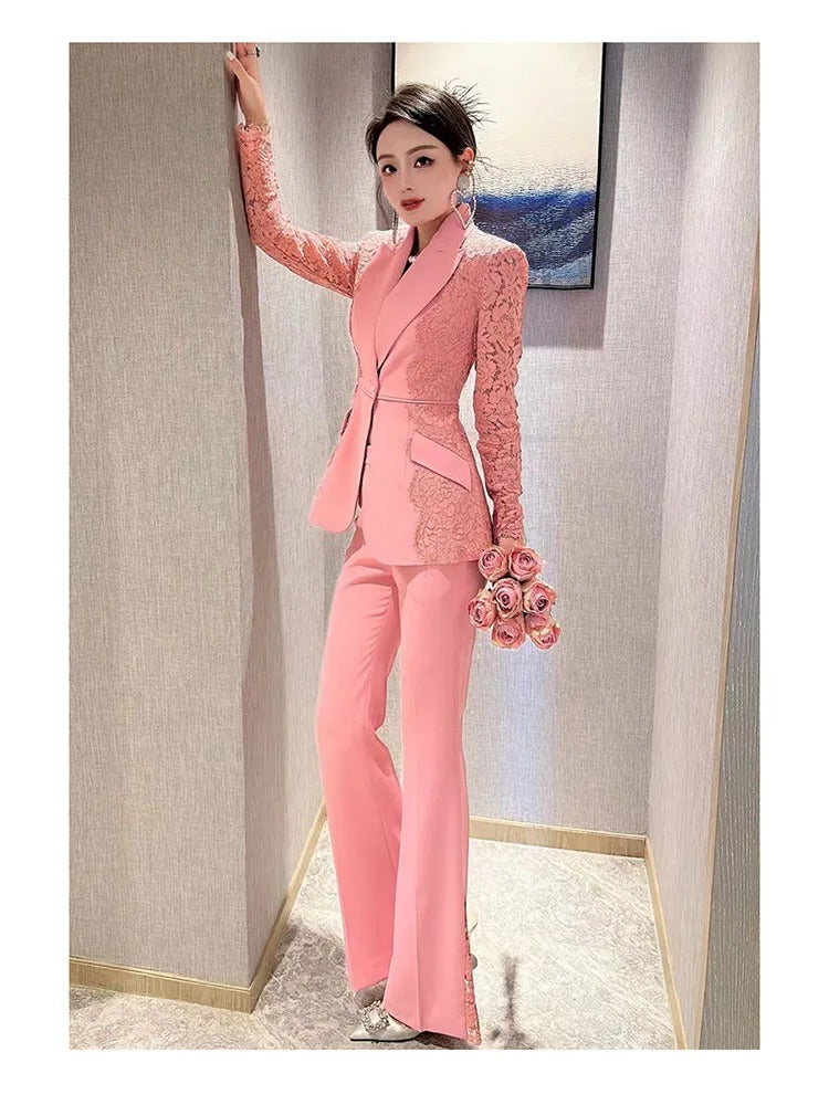 High Street Designer Lace Blazer & Flare Pants Set