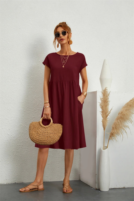 Women’s Vintage O-Neck Casual Summer Dress with Pockets