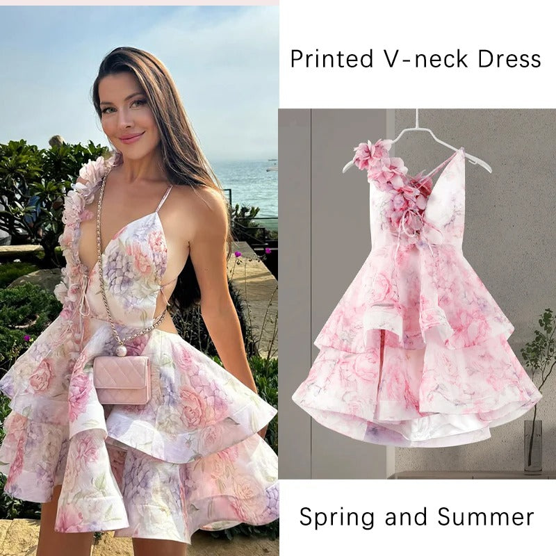 3D Floral Backless Halter Dress