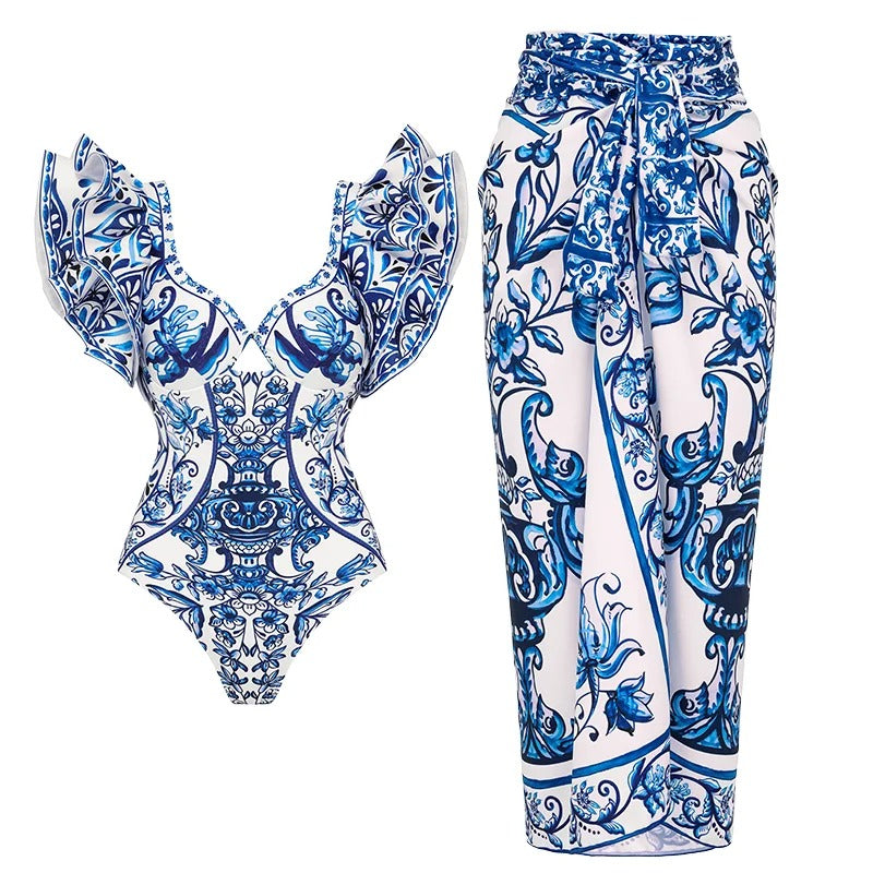 Flaxmaker Vintage Printed Swimsuit and Sarong