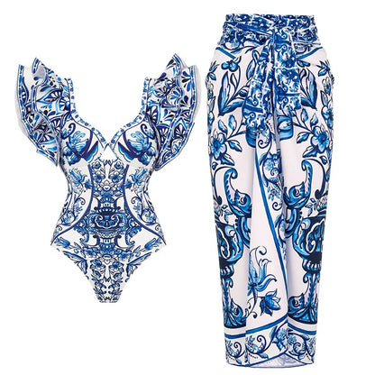 Flaxmaker Vintage Printed Swimsuit and Sarong