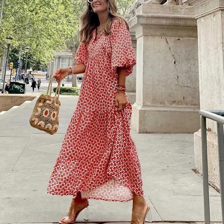 Geometric Print Bubble Sleeve Dress
