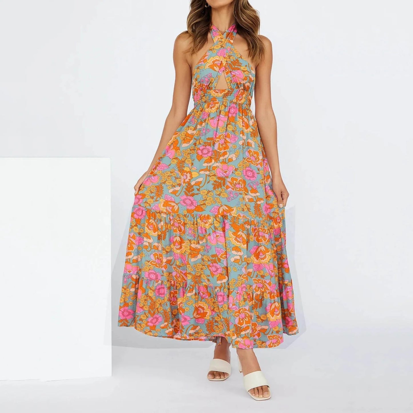 V-Neck Wrap Hollow Out Maxi Dress