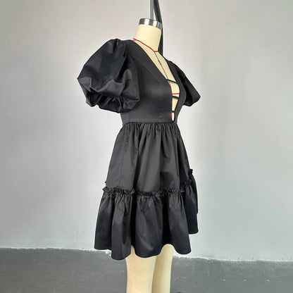 Black V-Neck Puff Sleeve Dress