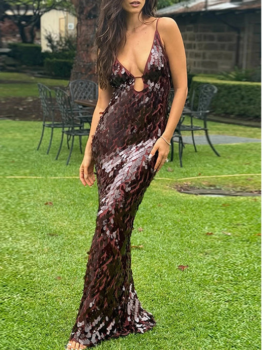 Red Sequin Backless Maxi Dress