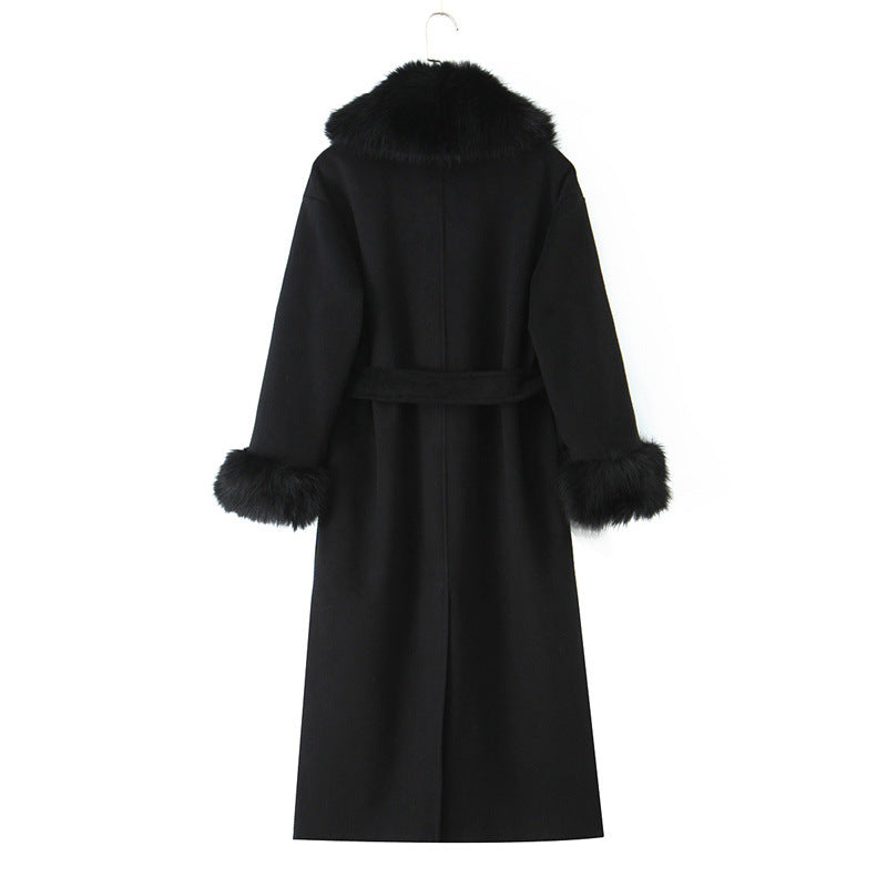 Women Long Jacket Big Fur Collar Belt Wool Coat