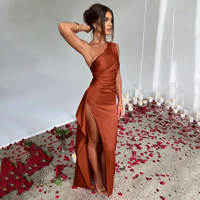 Elegant One-Shoulder Satin Slit Dress Rich Allure