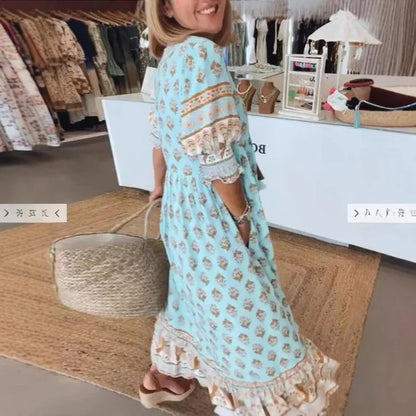 Boho V-neck Lantern Sleeve Dress