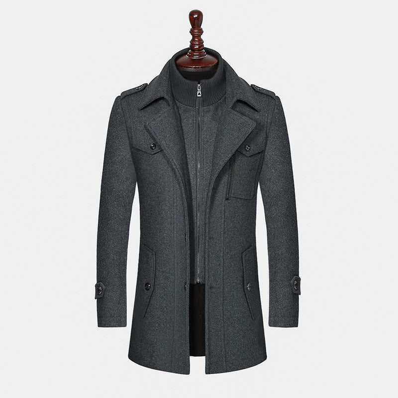 Men's Woolen Coat Double Collar  Zipper Jacket