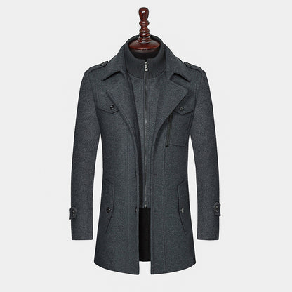 Men's Woolen Coat Double Collar  Zipper Jacket
