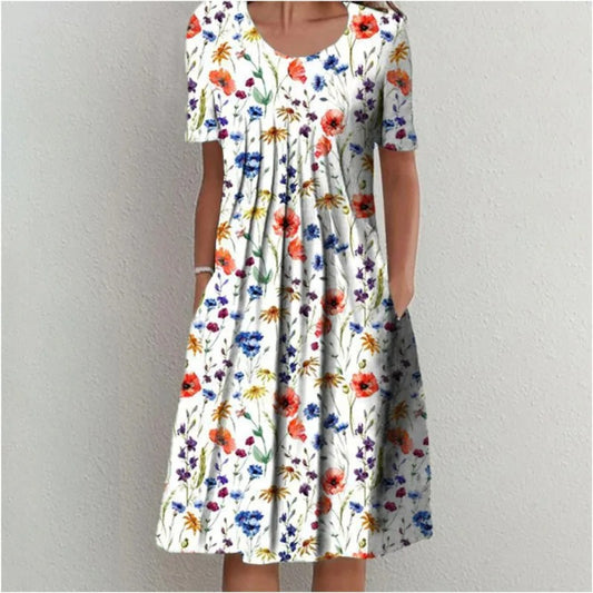 Floral A-line Round Neck Home Dress