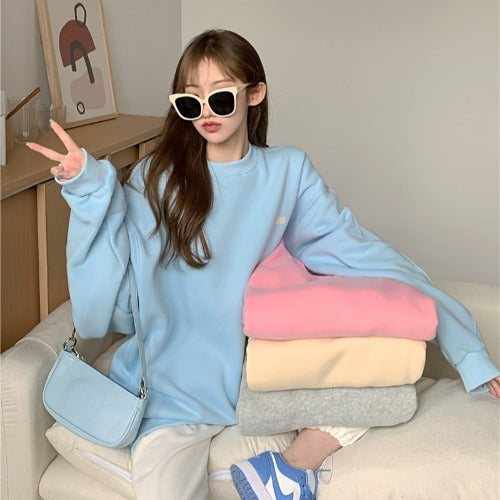 Weiyi Women"s Fashionable Blue Pullover New Korean Loose Chic Hong Kong Style Long Sleeve Top Rich Allure