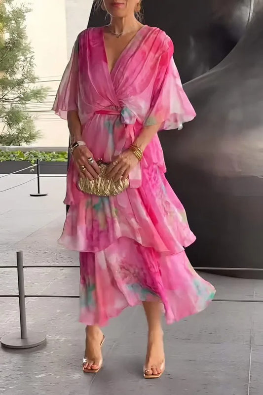 Elegant Ruffle Chiffon Lace-Up Dress