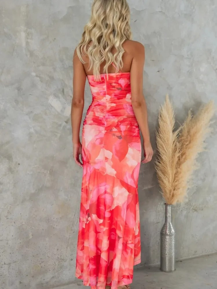 One-Shoulder Floral Ruffle Maxi Dress