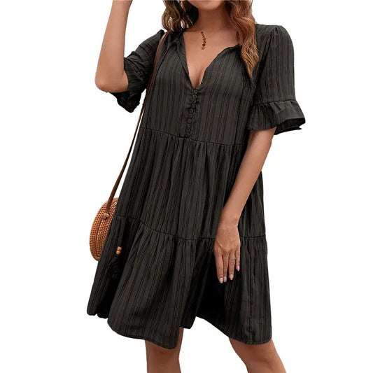Solid V-Neck Beach Dress